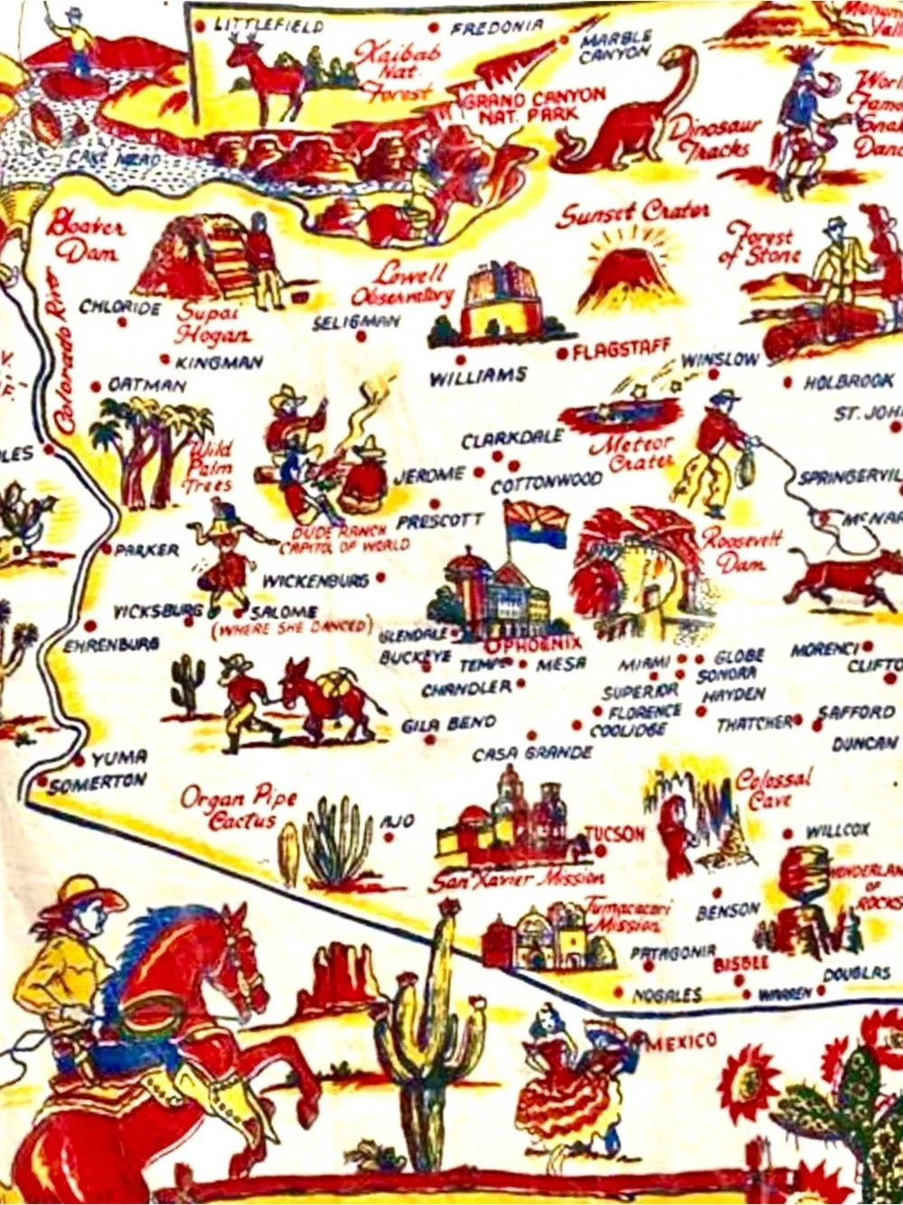 Vintage 1960’s Arizona Souvenir Tea Towel with Southwestern Map